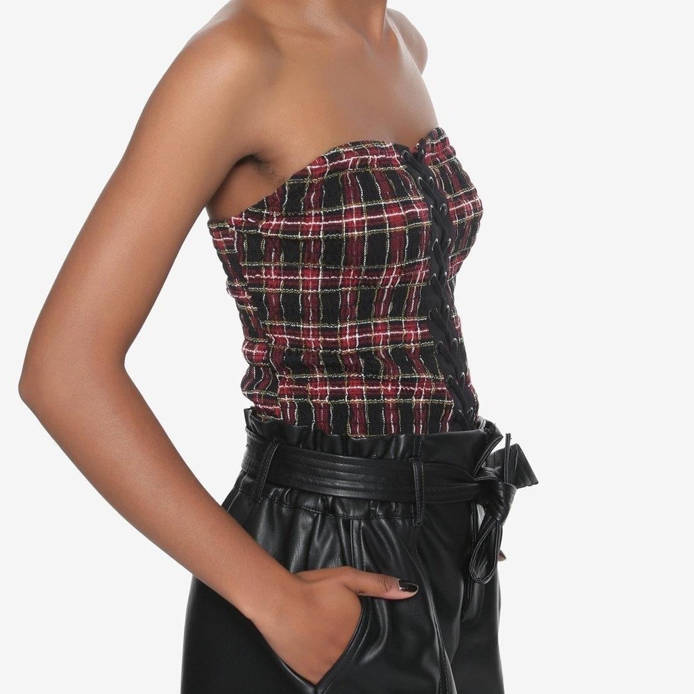Hot Topic‎ Plaid Smocked Lace Front Bustier Corset Tube Top Strapless Size Large